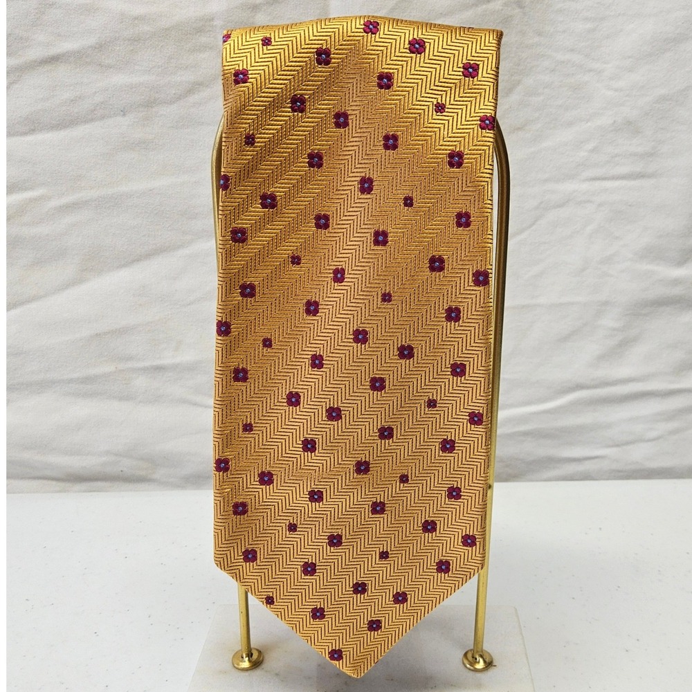 Holland & Sherry Necktie Mens OS Gold Herringbone Floral Silk Hand Made USA